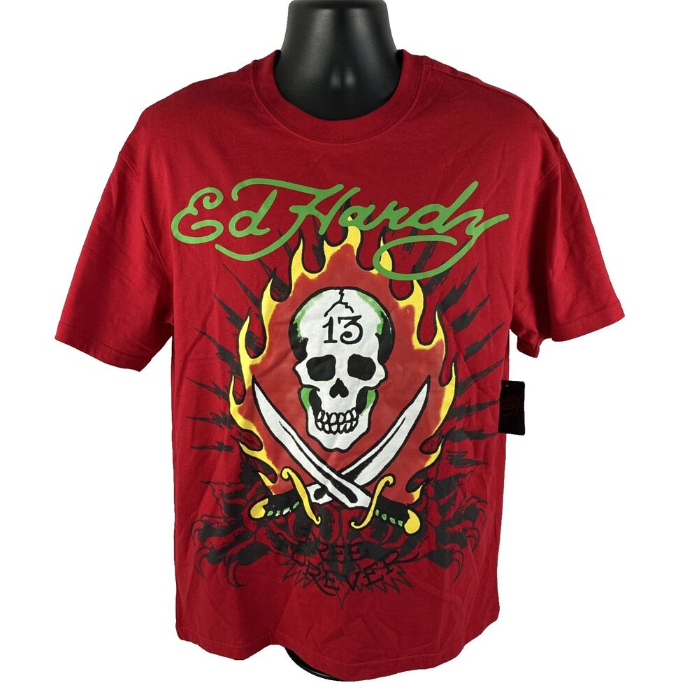 Ed Hardy Red Graphic Skull & Crossed Swords Tee
